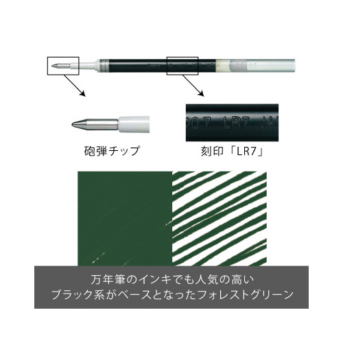 エナージェル用替芯　LR7　フォレストグリーン 透明なパッケージに収められた深い緑色の替芯が正面から見える状態