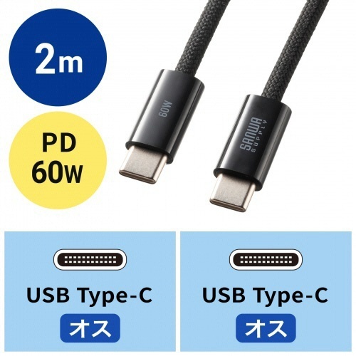 USB　Type-Cシリコンメッシュケーブル(PD60W)　ブラック　2m　1本 ケーブルがメッシュ素材で包まれた状態と、引き出し口から伸びる様子