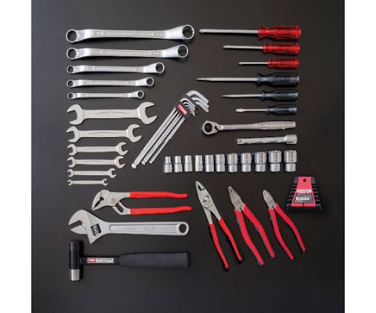 整備用工具セット ツールセット（メンテナンス用） 奥行220×高さ220mm セット内容46点 整然と並べられた工具のセット、バラエティ豊かなデザインとサイズ感が見える状態