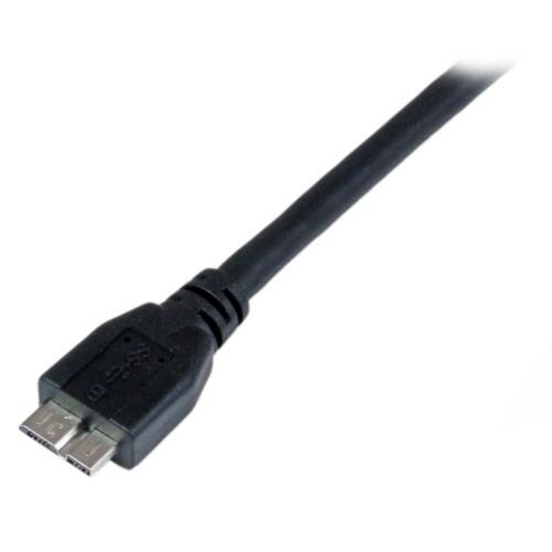 SuperSpeed　USB3.0ケーブル　1m　USB　A(オス)-USB　microB(オス)　ブラック　1本 ケーブルの先端が2つ見える状態で、黒色の外装が際立っている。