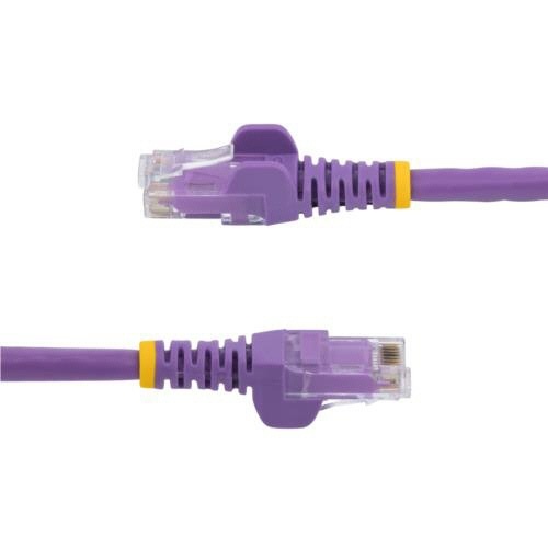 カテゴリ6　LANケーブル　RJ45モールドコネクタ　ツメ折れ防止　10m　パープル　1本 コネクタ部分が強調され、ケーブルがしなやかに曲がっている様子