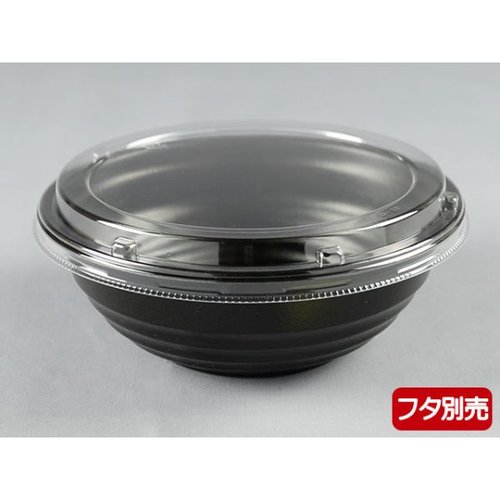どんぶり容器 YS丼 D-2 黒 パックスタイル 黒い容器が正面から見える状態で、パックスタイルの形状が強調されている。