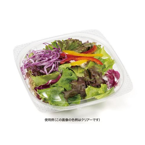 サラダ容器 バイオ ハクリア 16-37B 黒 リスパック [バラ販売] 透明な素材の容器が正面から見える状態、黒い蓋がしっかり閉まっている様子。