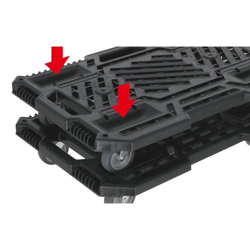 バックヤード備品 TKG リンクライナー 平台車 ブラック 高儀 黒いプラットフォームと車輪が目立つ、正面から見た全体像