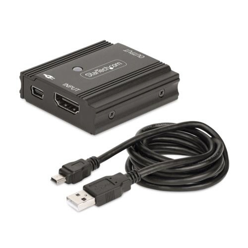 HDMI　2.1リピーター　8K60Hz・4K144Hz　10m/4K60Hz　25m　ブラック　1個 リピーターの側面が見える状態、ケーブルが接続された状態