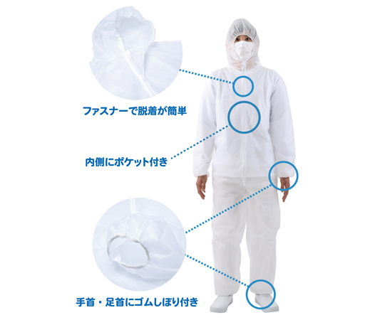 不織布つなぎ服　フード付　Lサイズ フードが付いたつなぎ服が静かに立て掛けられた状態