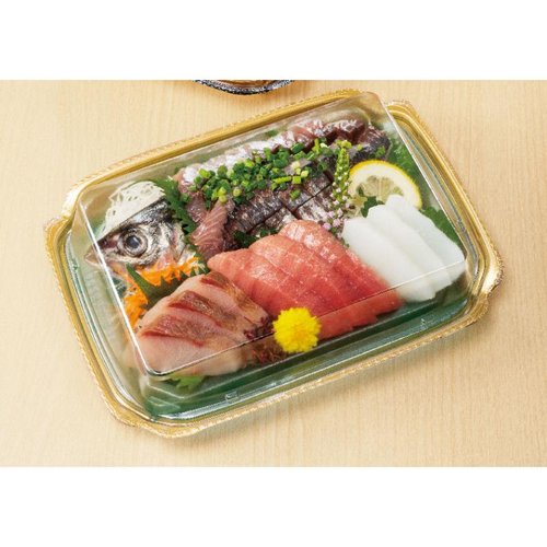 刺身容器 バイオ 華ノ枠 25-19B エレガグリーン リスパック 透明な容器が斜め上から撮影され、エレガントなグリーンの枠取りが際立っている様子