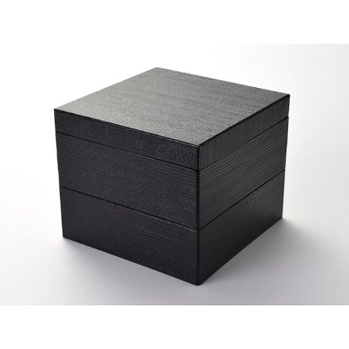 重箱・おせち容器 結シリーズ 4.5寸角 黒漆 1-1カップ付 2段組 瑞光明 黒漆仕上げの重箱が美しく重ねられ、1-1カップが上にセットされた状態
