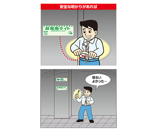非常用ライト標識（1時間発光のライト付） ライトが点灯した非常用標識の側面が見える状態