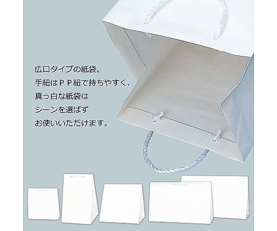 HEIKO 紙袋 広口チャームバッグ BR-2 10枚 白い紙袋が広がった状態で、持ち手部分が強調されている。