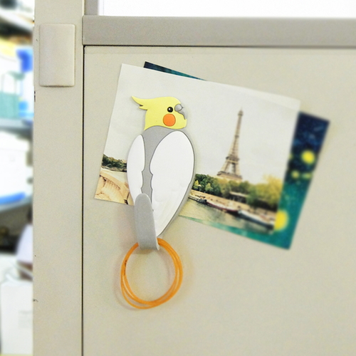 マグネットフック 鳥 フック マグネットタイプ 引っ掛け オカメインコ 色鮮やかなオカメインコのデザインが施されたマグネットフックの正面が見える状態
