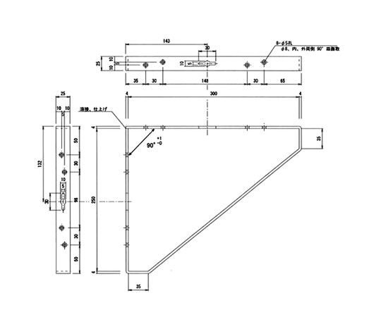 三角棚受　250×300mm　白 白い三角形の棚受けが左側からの光で影を落としながら、背景の木材に取り付けられた様子。