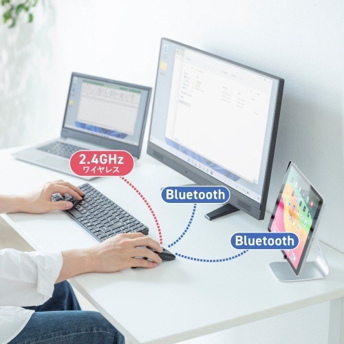 静音ワイヤレス　IR　LEDコンボマウス(5ボタン・薄型)　ブラック　1個 薄型デザインの5ボタンマウスが横向きで見える状態