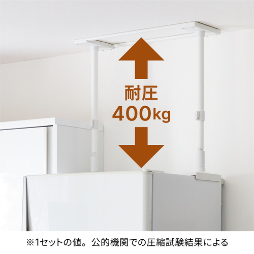 家具転倒防止　冷蔵庫転倒防止つっぱり棒60　マットホワイト 白いマット仕上げのつっぱり棒が、冷蔵庫の背面にしっかりと設置されている様子