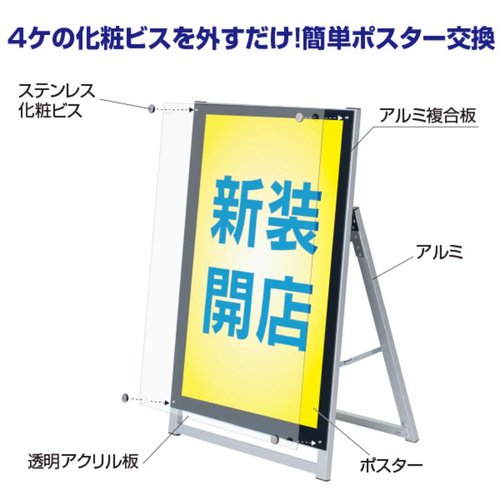 A型ボード アクリルパネルスタンドA1両面ローAPS-A1WL 友屋 透明なアクリルパネルが両面で設置された状態