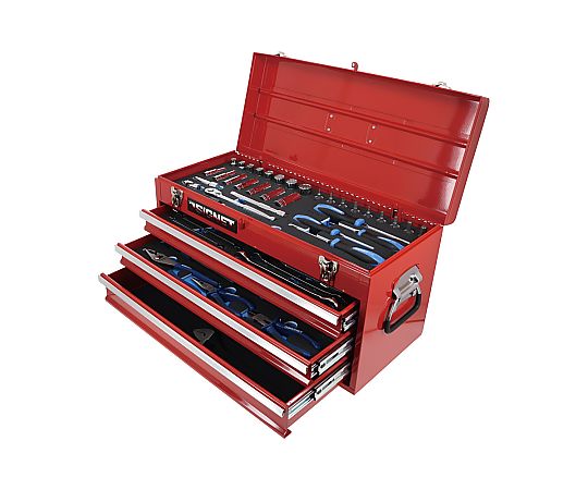 メカニックツールセット　3/8DR　59PCS 多数のツールが整頓され、ケースに収められた状態