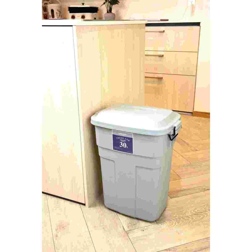 ゴミ箱　ロック付き　30L　プラスチック　ブルーグレー ロック付きのフタが開いている状態で、青みがかったグレーのプラスチック素材が見える。