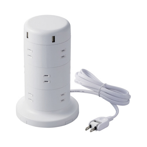 タワー型　電源タップ１２個口　２ｍ　ホワイト画像