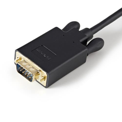 DisplayPort-VGA変換ケーブル　90cm　ブラック　1本 ケーブルが直線的に配置され、両端のコネクタ部分がクローズアップされた様子
