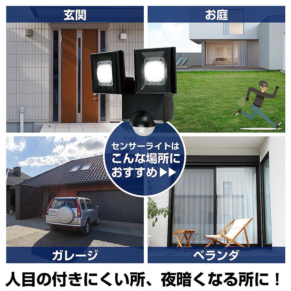 乾電池式　センサーライト 光を放つセンサーがついた角度の異なる本体の様子