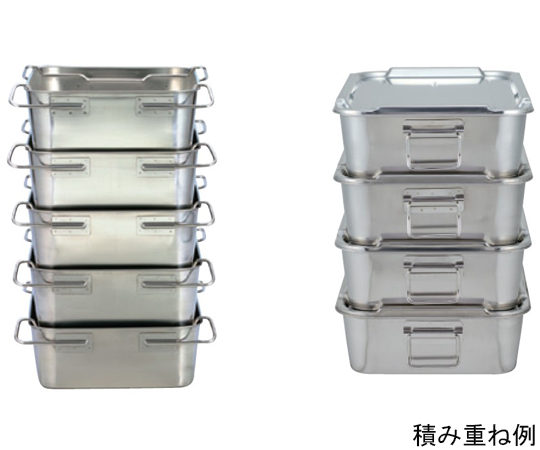 18-8 給食バット 固定ハンドル H185mm 約36L 深い緑色の金属製バットが見える状態、固定ハンドルが付いている様子。