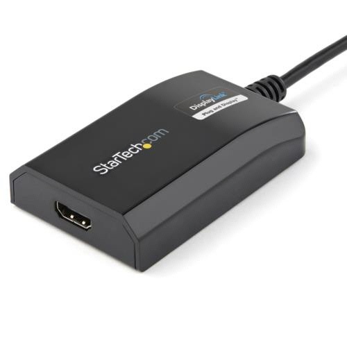 USB3.0接続　HDMI変換アダプター　ブラック　1個 パッケージの側面が見える状態で、取扱説明書が隣に置かれている。