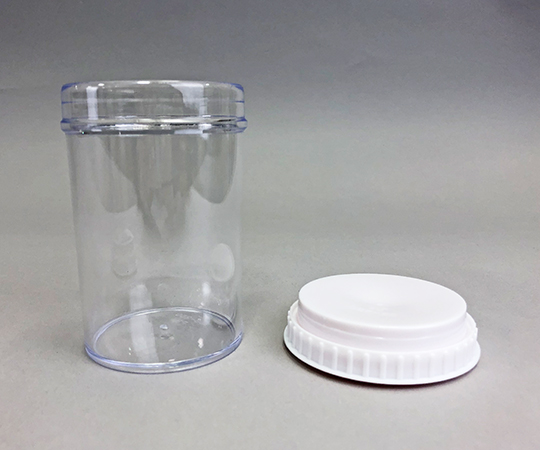 PSサンプル管瓶　250mL 透明な容器に液体が入った状態、上部が開いた様子