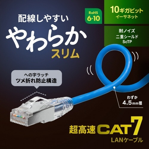 カテゴリ7　LANケーブル(スリム・やわらか・ツメ折れ防止コネクタ)　ブルー　2m　1本 コネクタ部分が強調された柔軟なケーブルが真上から見える状態