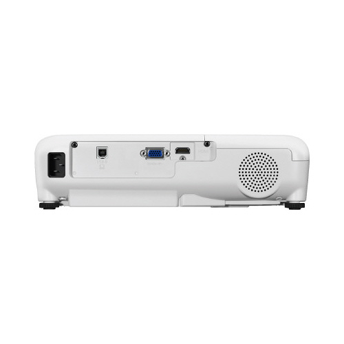 液晶プロジェクター EB-E01 正面から撮影されたプロジェクター本体が床に置かれ、明るい照明の中で詳細がはっきりと見える状態
