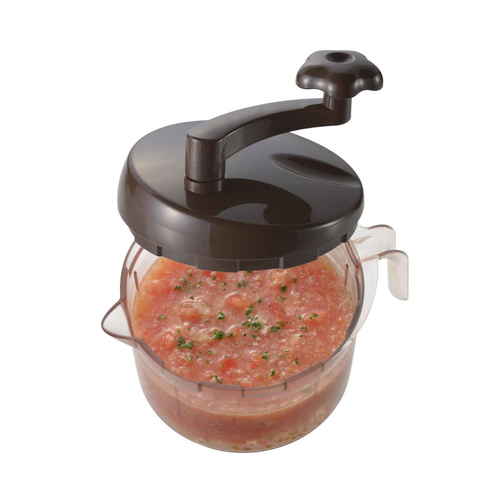 電子レンジ調理器 SUGMOG スープチョッパー 目盛り付き レシピ付き 透明なボウルにスープや具材が入った状態で、目盛りやレシピが添付されている様子