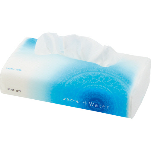 エリエール+Water　ソフトパックティシュー　120組/個　1セット(90個:5個×18パック) パッケージが斜めから見える状態で、開封口が上に向けられている