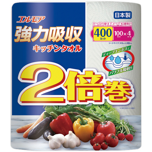 ｴﾙﾓｱ 強力吸収ｷｯﾁﾝﾀｵﾙ2倍巻 2枚重ね×100ｶｯﾄ 1ﾊﾟｯｸ(4ﾛｰﾙ)画像