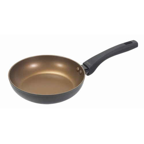 フライパン　20cm　IH対応　VISIONS　GOLD　Coating　ブラック 黒い表面が光を反射する、持ち手付きの深型調理器具が上から見える状態