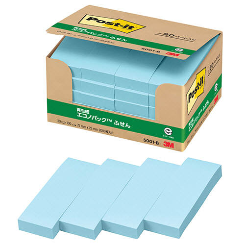 ﾎﾟｽﾄ･ｲｯﾄ ｴｺﾉﾊﾟｯｸ ふせん 再生紙 75×25mm ﾌﾞﾙｰ 1ﾊﾟｯｸ(20冊)画像