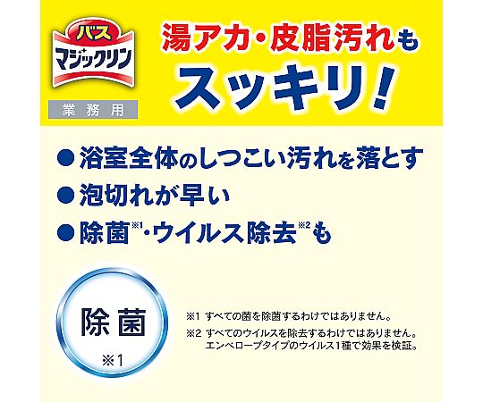 バスマジックリン　業務用　4.5L　梱販売用 正面から見た大型容器、白と青のデザインが特徴的で、持ちやすいハンドルが付いている。