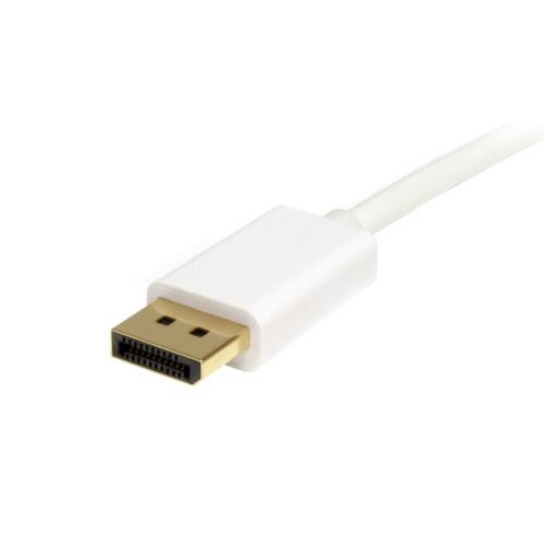 Mini　DisplayPort　1.2変換ケーブル　2m　4K/60Hz　オス-オス　ホワイト　1本 ケーブルが直線的に伸びた状態で、接続部分が明確に見える。