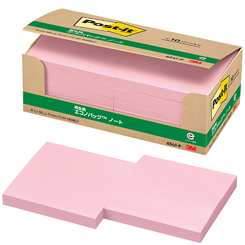 ﾎﾟｽﾄ･ｲｯﾄ ｴｺﾉﾊﾟｯｸ ﾉｰﾄ 再生紙 75×75mm ﾋﾟﾝｸ 1ﾊﾟｯｸ(10冊)画像