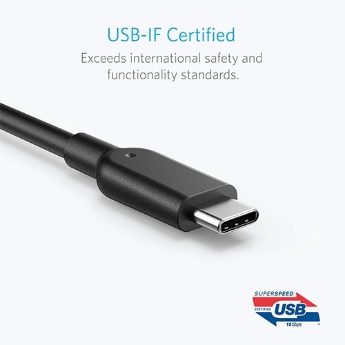 ANKER　PowerLine　II　USB-C&USB-A　ケーブル(USB3.1　Gen2対応)　0.9m　ブラック　1本 ケーブルが直立し、コネクタ部分が正面に向けられた状態