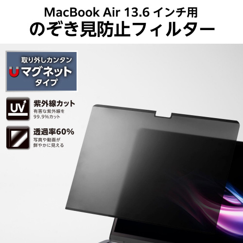 MacBookAir13.6 覗き見防止フィルター パッケージの上面が見える状態で、装着した際のフィルターの効果が確認できる。