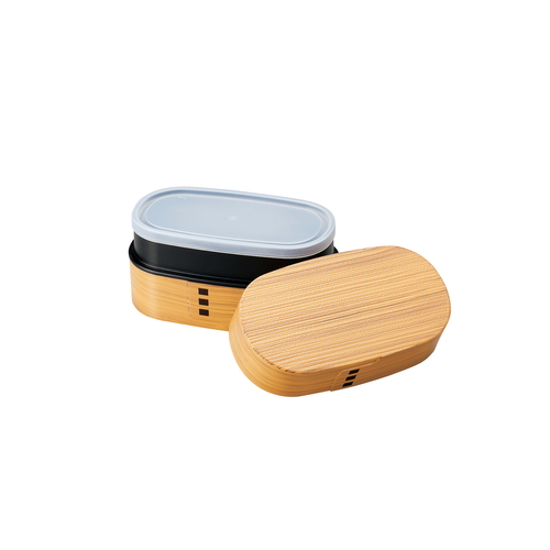 お弁当箱 HAKOYA わっぱ弁当 大 900ml 小判型 ひのき 木製の弁当箱が横から見える状態、蓋が開いて豊かな木の風合いが際立つ。