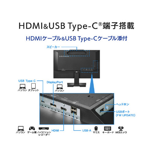 「5年保証」 Type-C搭載23.8型液晶 黒 ディスプレイが正面から見える状態で、スタンドが付いている。