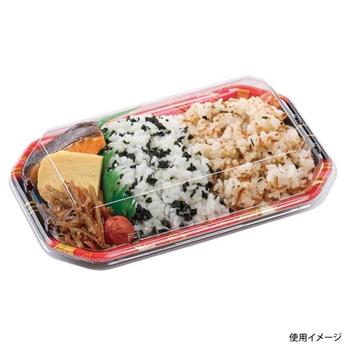 惣菜容器 MFP香彩22-13 本体 ゆい帯赤 エフピコ 透明な容器に赤い帯が施された側面の様子