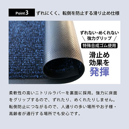 玄関マット　アイアンホース(ストライプ)　750×900mm　ブラック・パール　1枚 黒地にストライプ模様の玄関マットの横からのアングル、質感が感じられる状態。