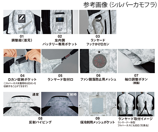 空調服ベスト　シルバー　SS シルバーの空調服ベストが地面に置かれた状態で、前面にファスナーとポケットが見える様子