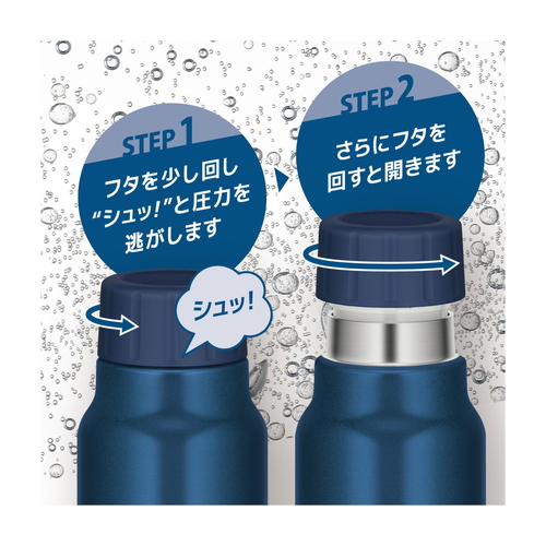 サーモス　水筒　1L　炭酸飲料ボトル　保冷　スクリュー　FJK-1000　ネイビー 青いボトルの中心にスクリューキャップが強調されている状態