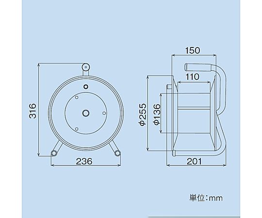 AC125V/15A/20m コードリール(温度センサー付) 明るい背景に置かれた温度センサー付きのコードリールが横向きに見える状態