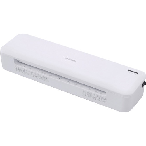 IRIS 104319 高速起動ラミネーターA3 4本ローラー ホワイト クリアなカバーが付いた実機の正面、電源スイッチが見える状態