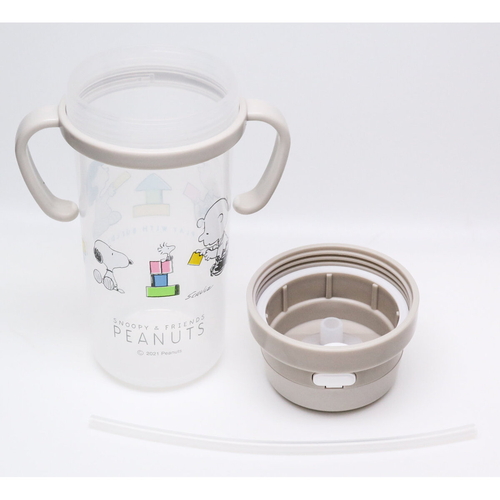 水筒　スヌーピーストローボトル370ml 正面から見たストロー付きボトルで、色鮮やかなスヌーピーのデザインが施されている。