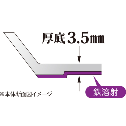 マジェスタ‐IH　卵焼き器　玉子焼　16.5×9cm 滑らかな表面を持つ黒色の卵焼き器、持ち手が付いた横からの視点。