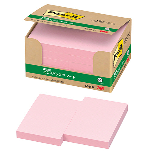 ﾎﾟｽﾄ･ｲｯﾄ ｴｺﾉﾊﾟｯｸ ﾉｰﾄ 再生紙 75×50mm ﾋﾟﾝｸ 1ﾊﾟｯｸ(10冊)画像